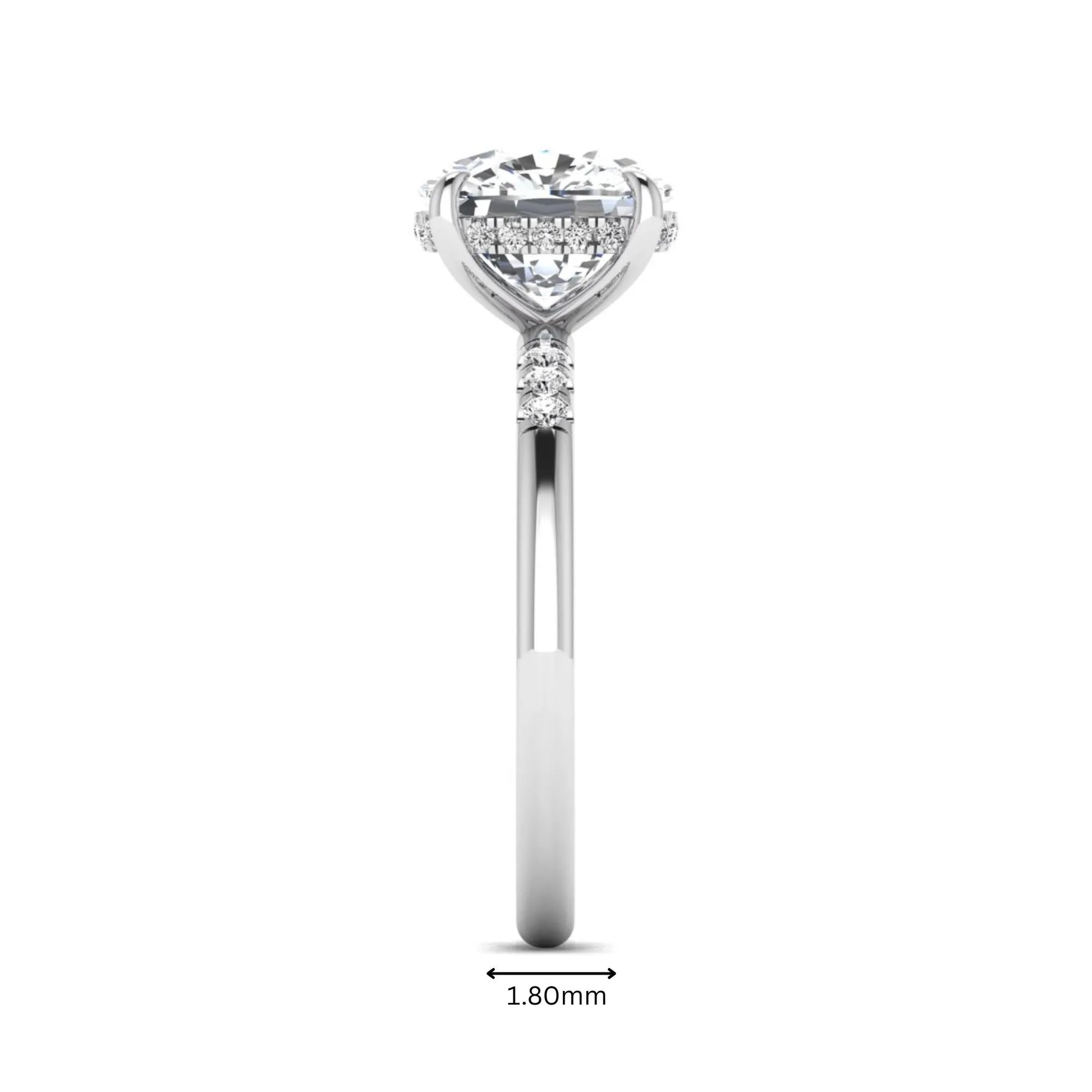 Cushion hidden halo lab grown diamond engagement ring featuring a 2.35 carat cushion cut center diamond with round accent diamonds on a white gold band.