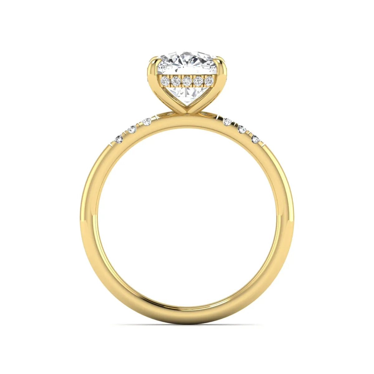 Cushion hidden halo lab grown diamond engagement ring featuring a 2.35 carat cushion cut center diamond with round accent diamonds on a yellow gold band.