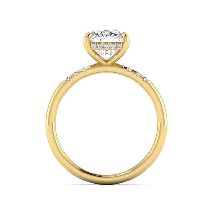 Cushion hidden halo lab grown diamond engagement ring featuring a 2.35 carat cushion cut center diamond with round accent diamonds on a yellow gold band.