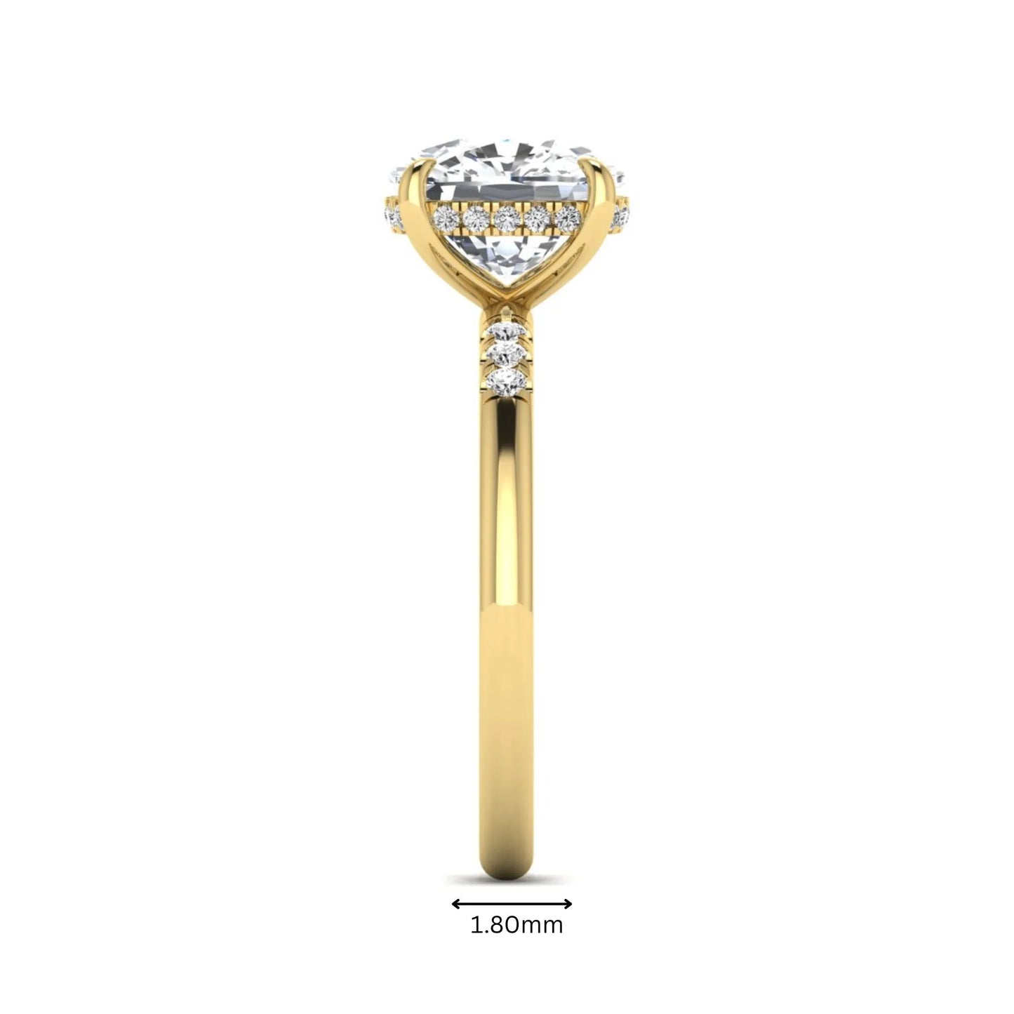 Cushion hidden halo lab grown diamond engagement ring featuring a 2.35 carat cushion cut center diamond with round accent diamonds on a yellow gold band.