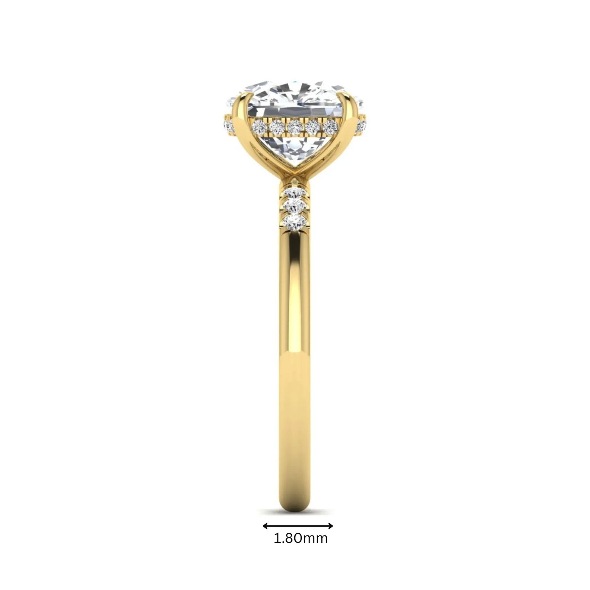 Cushion hidden halo lab grown diamond engagement ring featuring a 2.35 carat cushion cut center diamond with round accent diamonds on a yellow gold band.