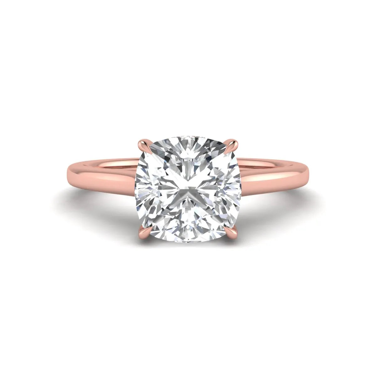 IGI Certified 1.67 carat Cushion cut lab grown diamond hidden halo solitaire engagement ring with cathedral setting in rose gold.