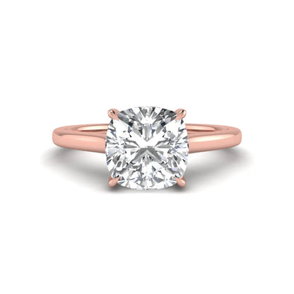 IGI Certified 1.67 carat Cushion cut lab grown diamond hidden halo solitaire engagement ring with cathedral setting in rose gold.