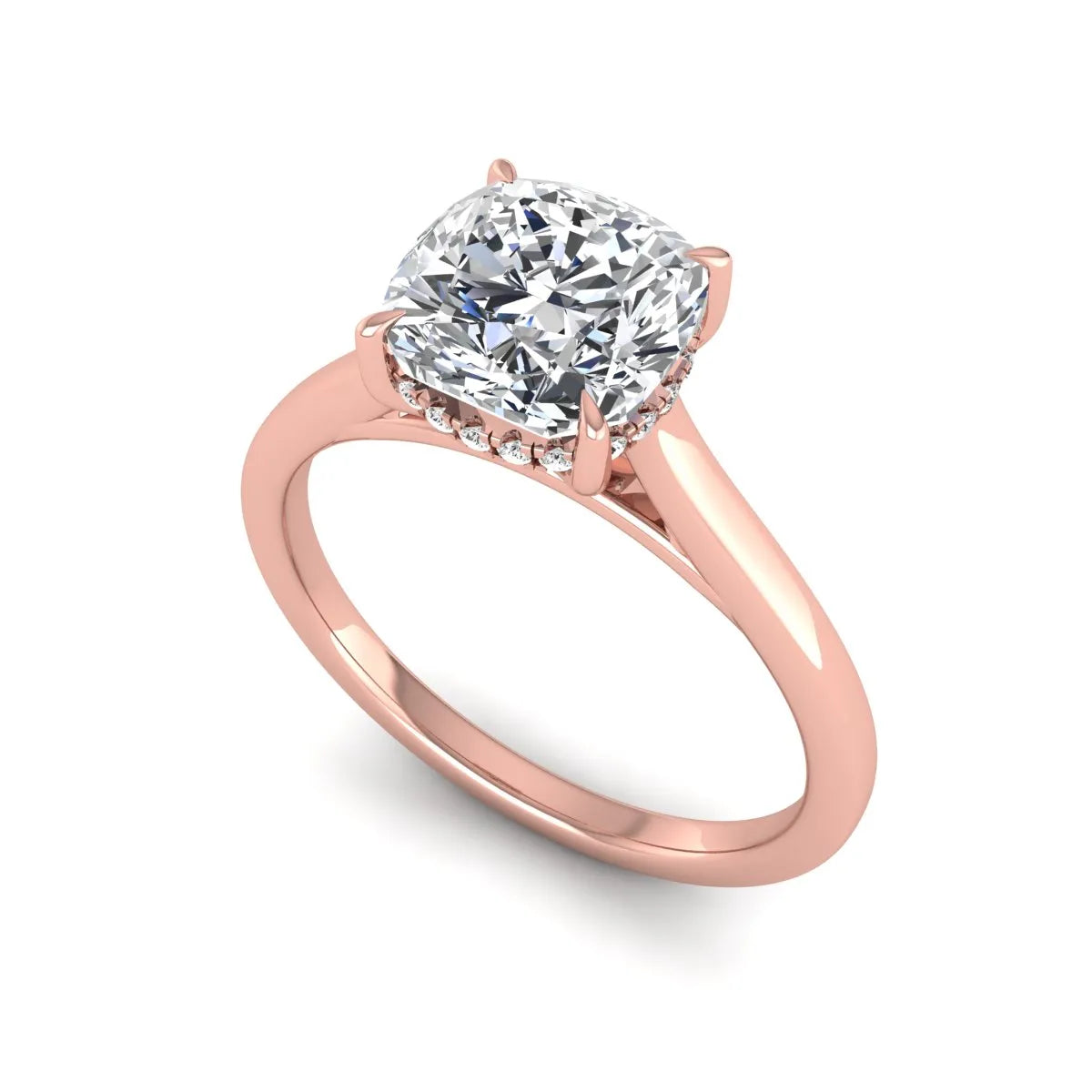 IGI Certified 1.67 carat Cushion cut lab grown diamond hidden halo solitaire engagement ring with cathedral setting in rose gold.