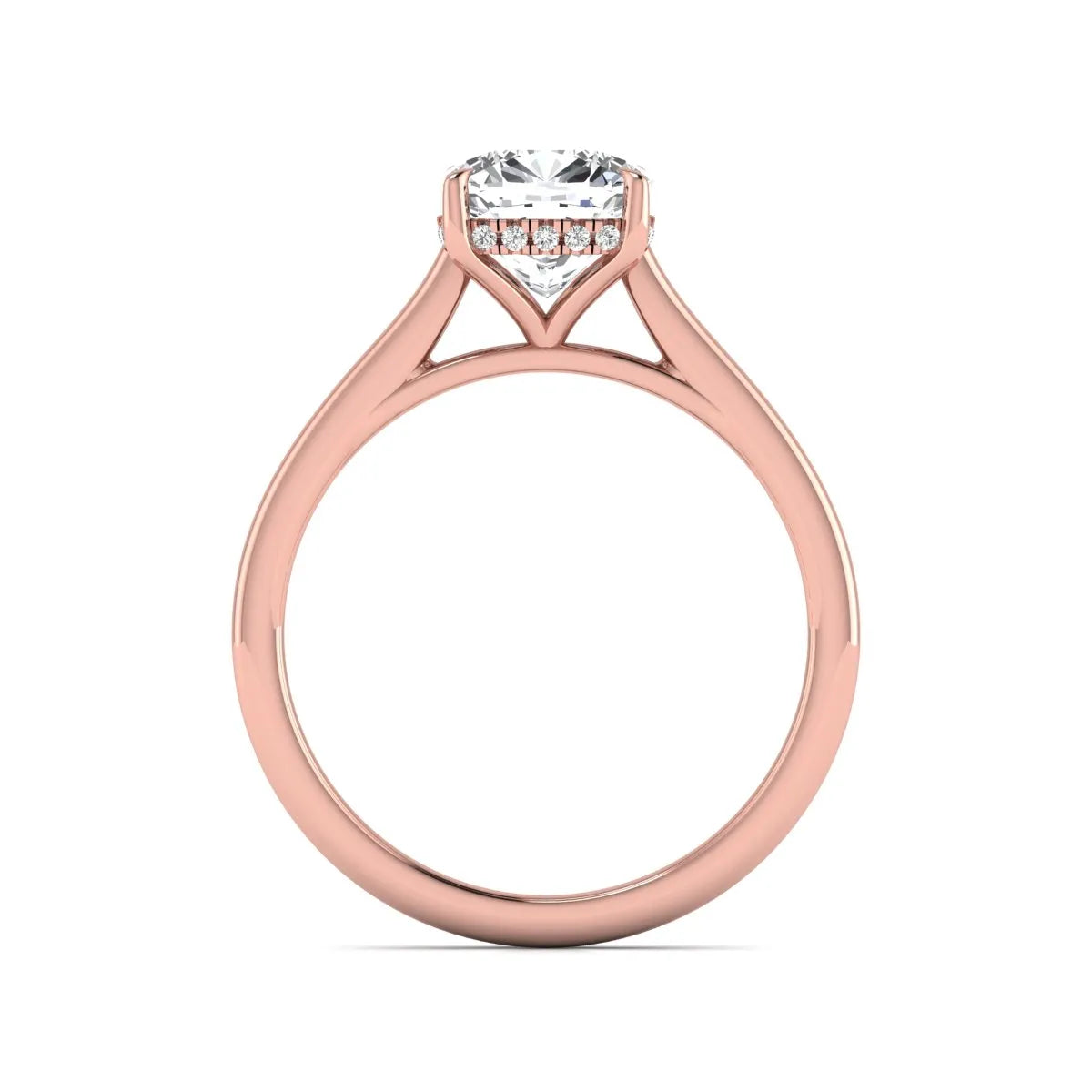 IGI Certified 1.67 carat Cushion cut lab grown diamond hidden halo solitaire engagement ring with cathedral setting in rose gold.