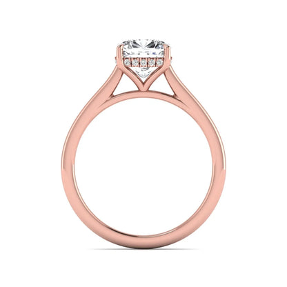 IGI Certified 1.67 carat Cushion cut lab grown diamond hidden halo solitaire engagement ring with cathedral setting in rose gold.
