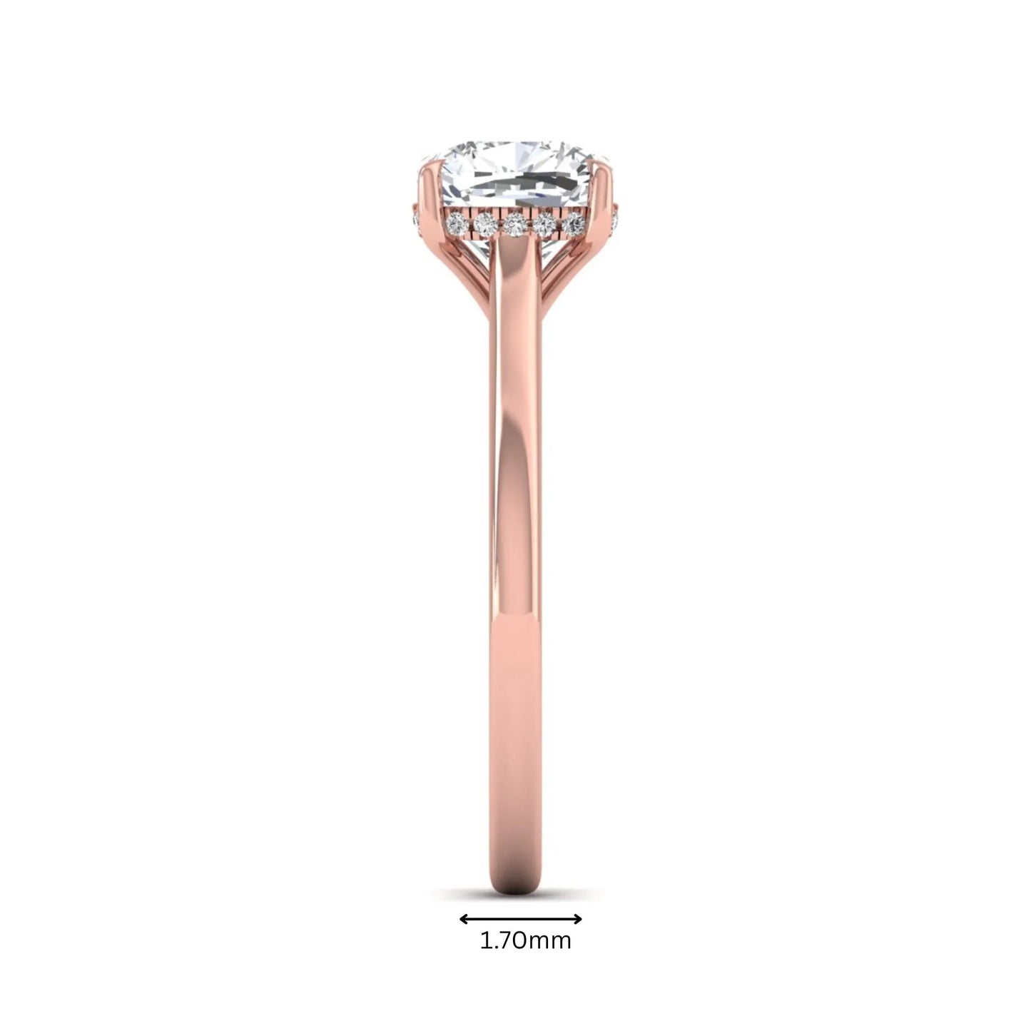 IGI Certified 1.67 carat Cushion cut lab grown diamond hidden halo solitaire engagement ring with cathedral setting in rose gold.