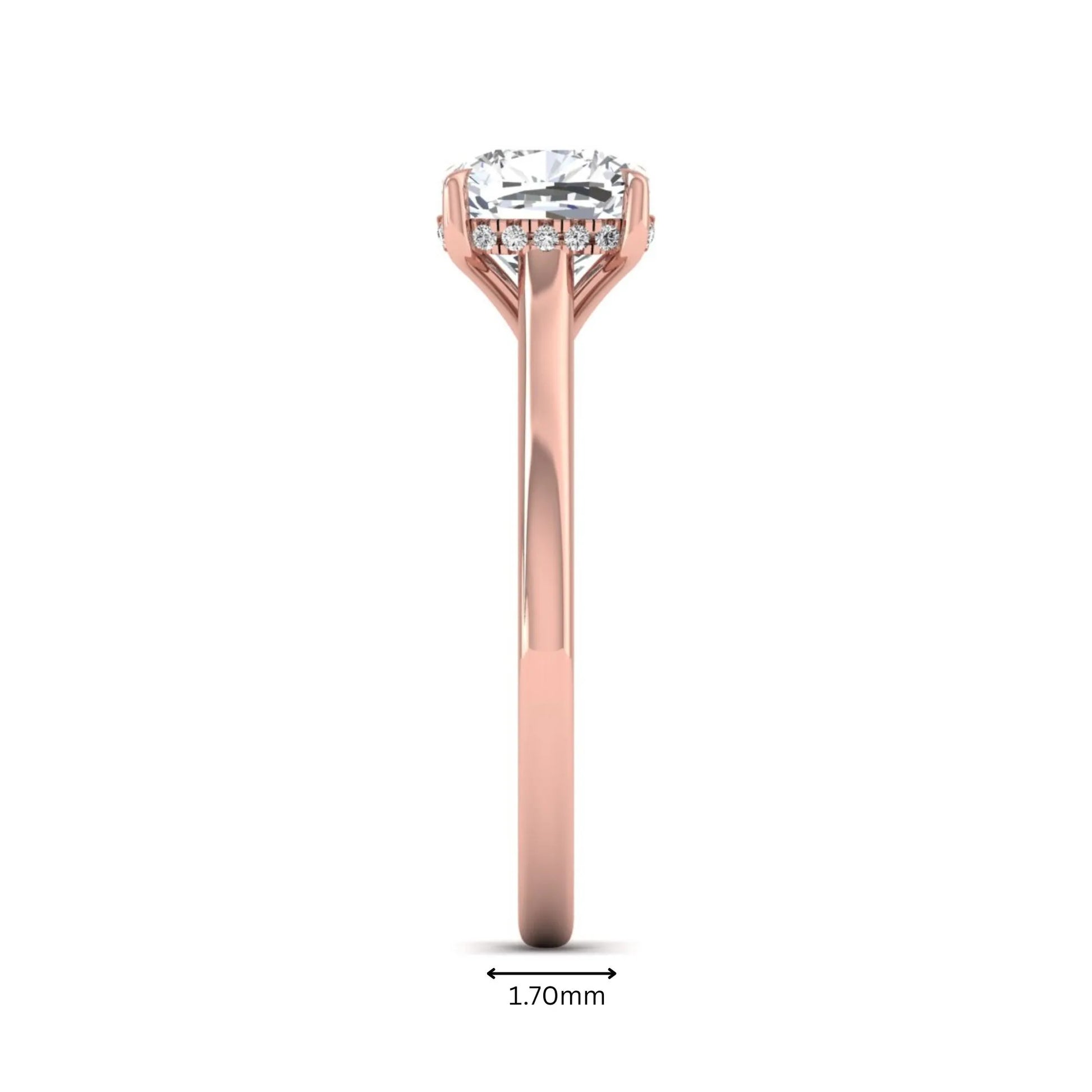 IGI Certified 1.67 carat Cushion cut lab grown diamond hidden halo solitaire engagement ring with cathedral setting in rose gold.