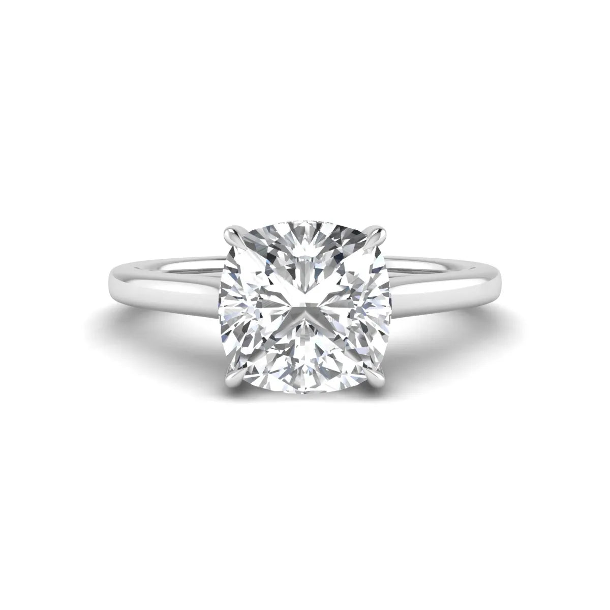 IGI Certified 1.67 carat Cushion cut lab grown diamond hidden halo solitaire engagement ring with cathedral setting in white gold.