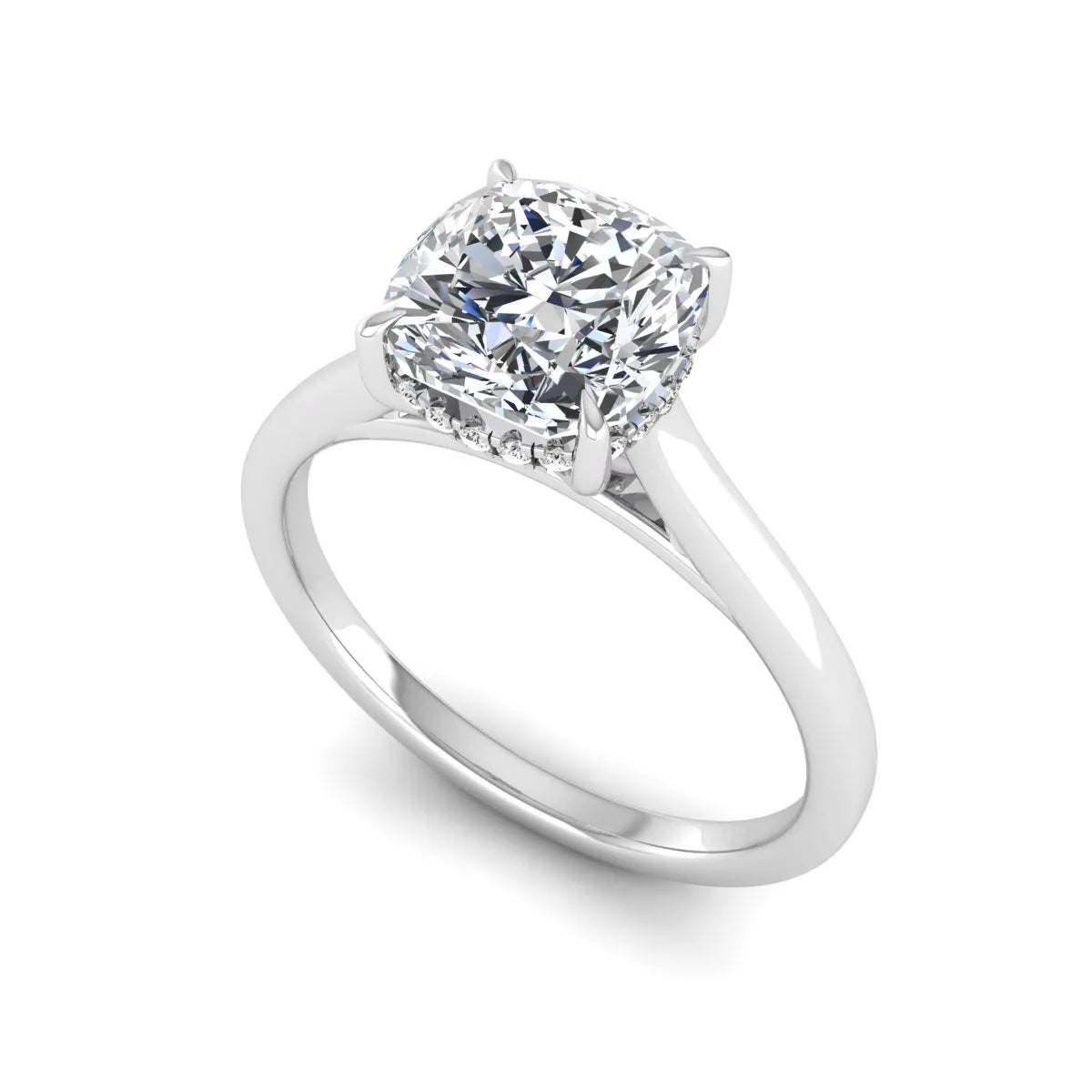 IGI Certified 1.67 carat Cushion cut lab grown diamond hidden halo solitaire engagement ring with cathedral setting in white gold.