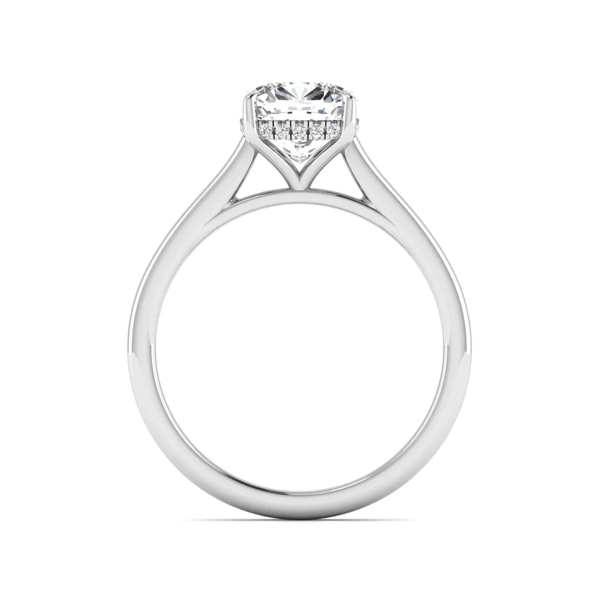 IGI Certified 1.67 carat Cushion cut lab grown diamond hidden halo solitaire engagement ring with cathedral setting in white gold.