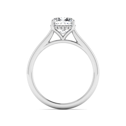IGI Certified 1.67 carat Cushion cut lab grown diamond hidden halo solitaire engagement ring with cathedral setting in white gold.