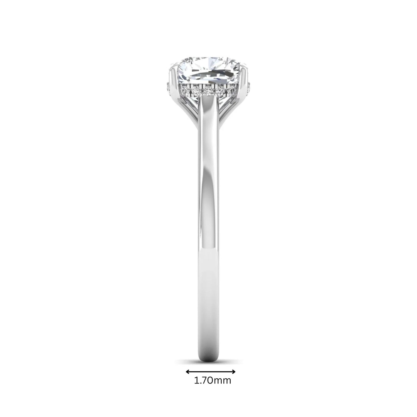 IGI Certified 1.67 carat Cushion cut lab grown diamond hidden halo solitaire engagement ring with cathedral setting in white gold.