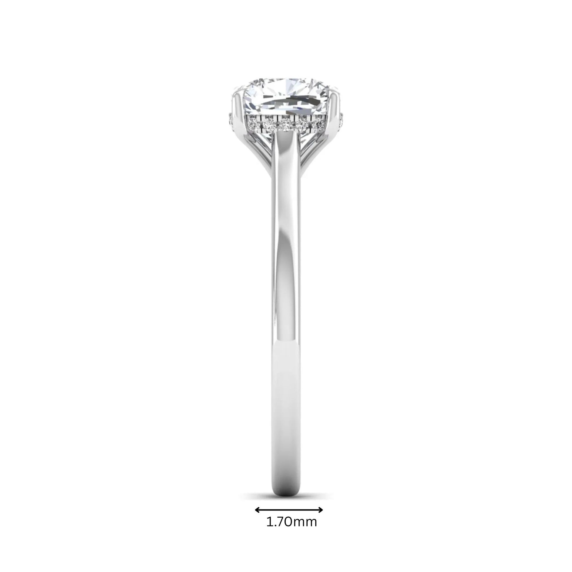 IGI Certified 1.67 carat Cushion cut lab grown diamond hidden halo solitaire engagement ring with cathedral setting in white gold.