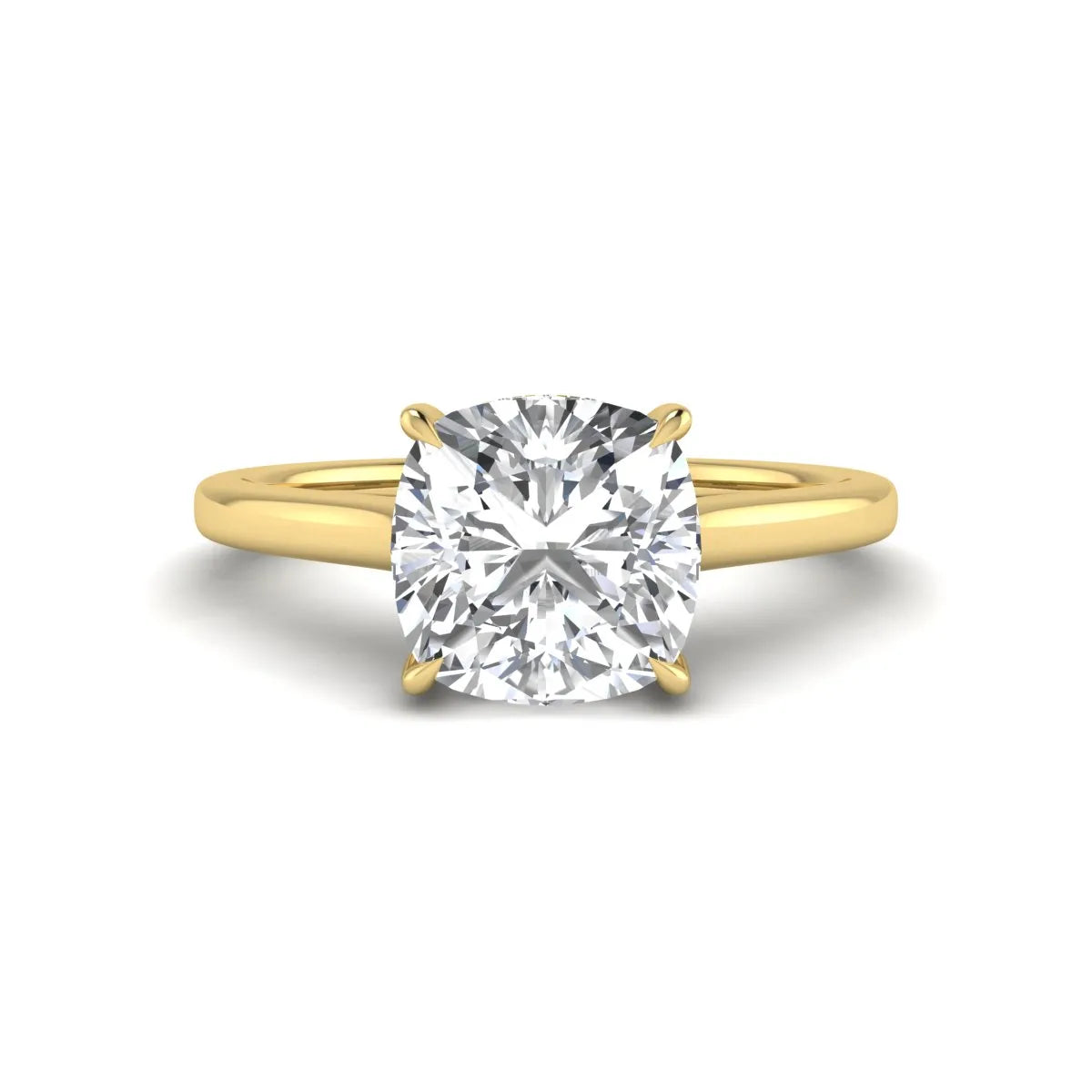 IGI Certified 1.67 carat Cushion cut lab grown diamond hidden halo solitaire engagement ring with cathedral setting in yellow gold.