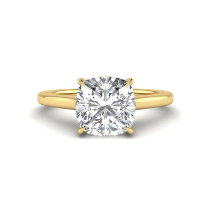 IGI Certified 1.67 carat Cushion cut lab grown diamond hidden halo solitaire engagement ring with cathedral setting in yellow gold.