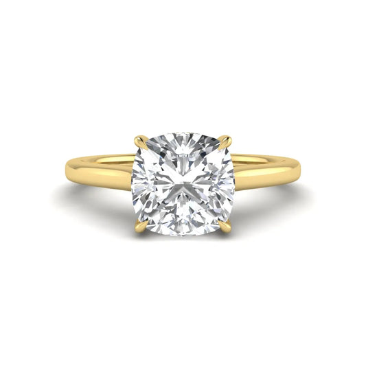 IGI Certified 1.67 carat Cushion cut lab grown diamond hidden halo solitaire engagement ring with cathedral setting in yellow gold.