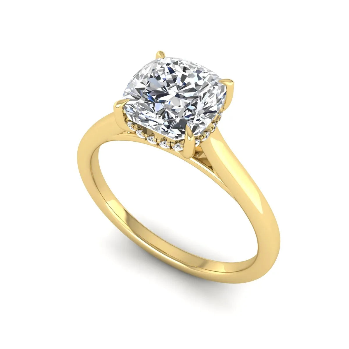 IGI Certified 1.67 carat Cushion cut lab grown diamond hidden halo solitaire engagement ring with cathedral setting in yellow gold.