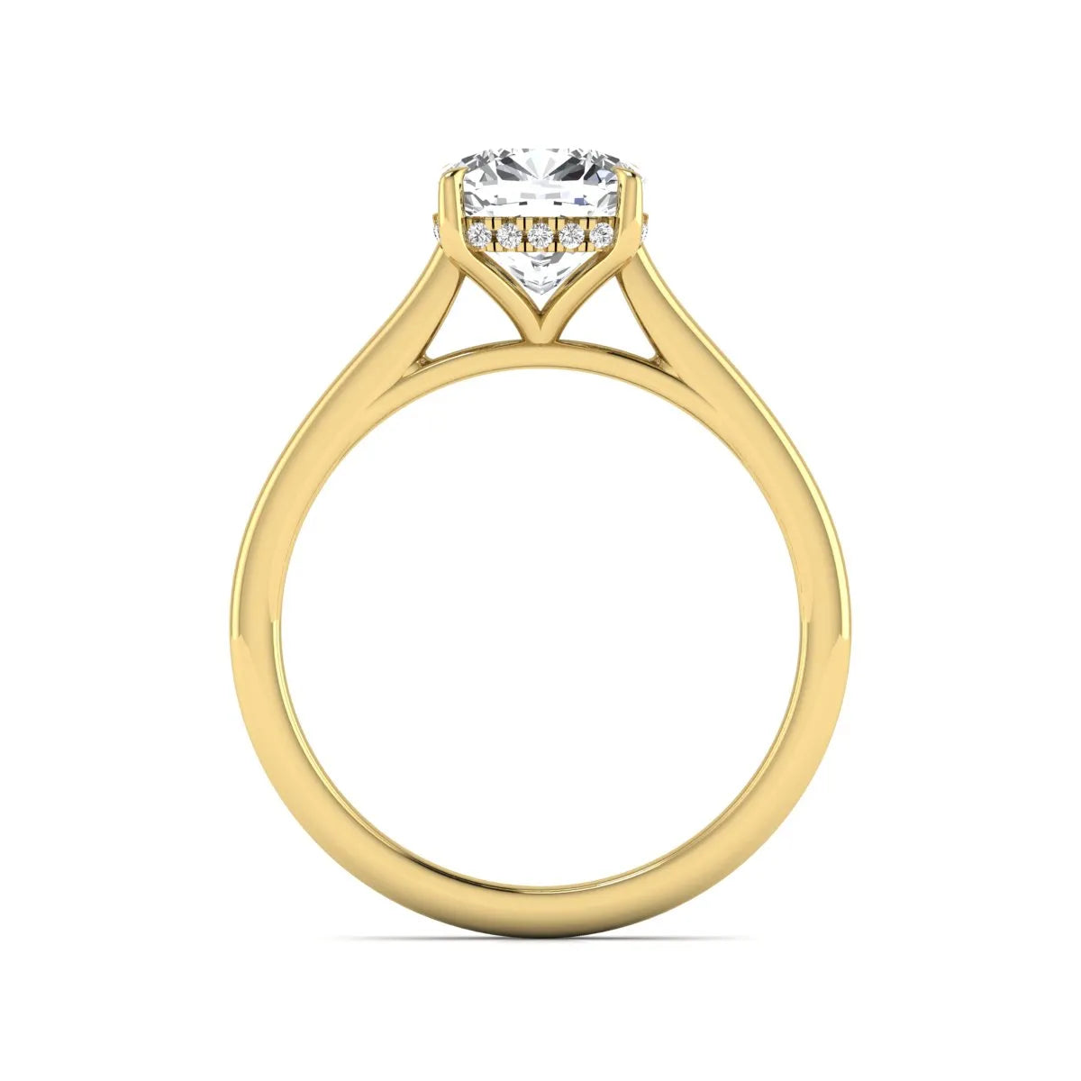 IGI Certified 1.67 carat Cushion cut lab grown diamond hidden halo solitaire engagement ring with cathedral setting in yellow gold.