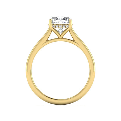 IGI Certified 1.67 carat Cushion cut lab grown diamond hidden halo solitaire engagement ring with cathedral setting in yellow gold.