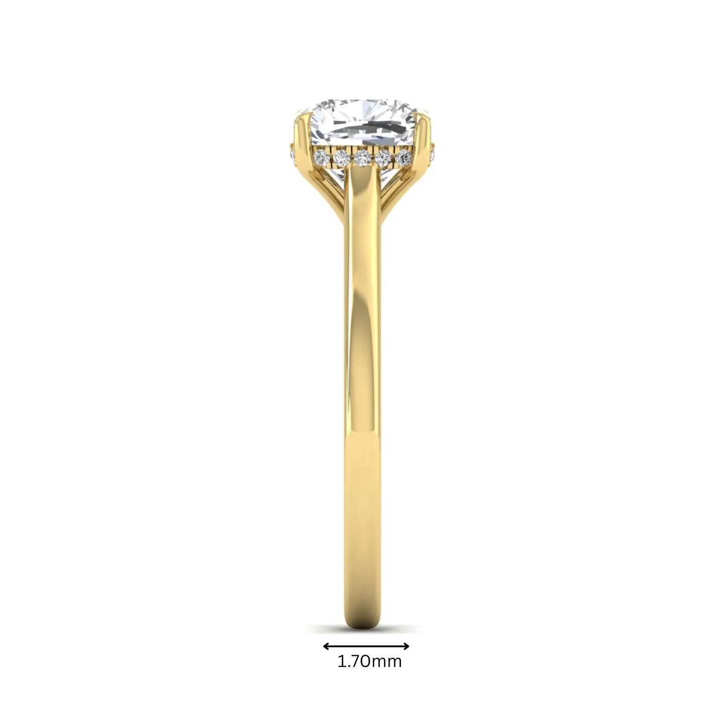 IGI Certified 1.67 carat Cushion cut lab grown diamond hidden halo solitaire engagement ring with cathedral setting in yellow gold.