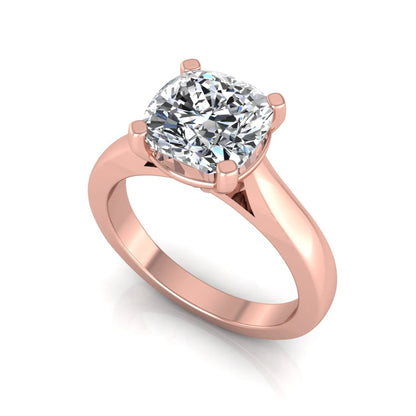 IGI certified 2.04 carat cushion cut lab grown diamond solitaire engagement ring in a classic four-prong rose gold setting.