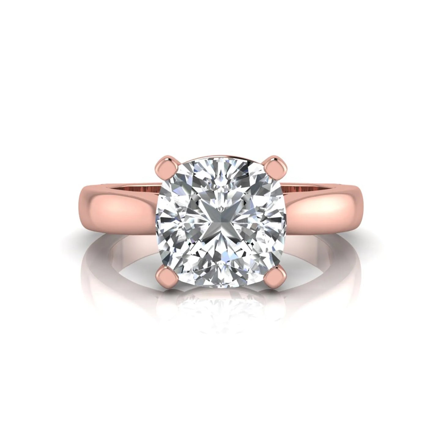 IGI certified 2.04 carat cushion cut lab grown diamond solitaire engagement ring in a classic four-prong rose gold setting.