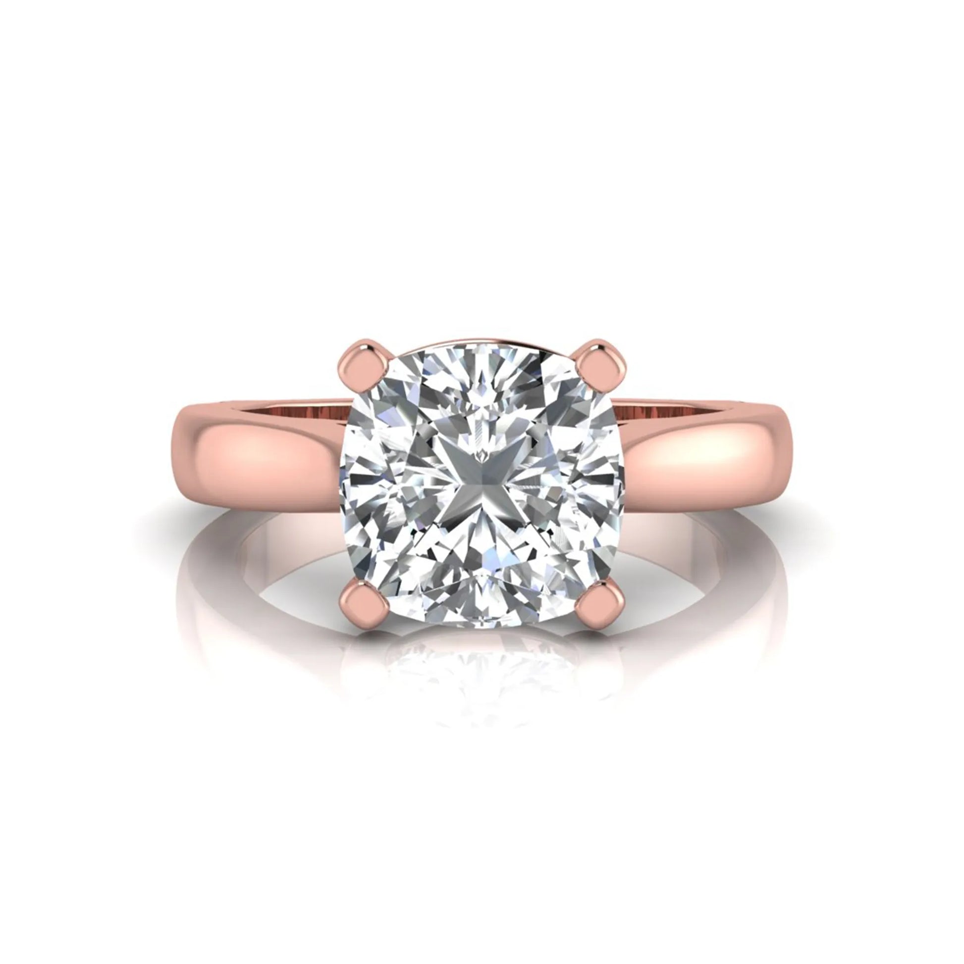 IGI certified 2.04 carat cushion cut lab grown diamond solitaire engagement ring in a classic four-prong rose gold setting.