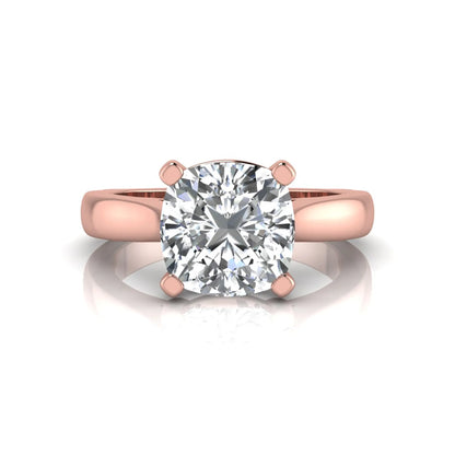 IGI certified 2.04 carat cushion cut lab grown diamond solitaire engagement ring in a classic four-prong rose gold setting.