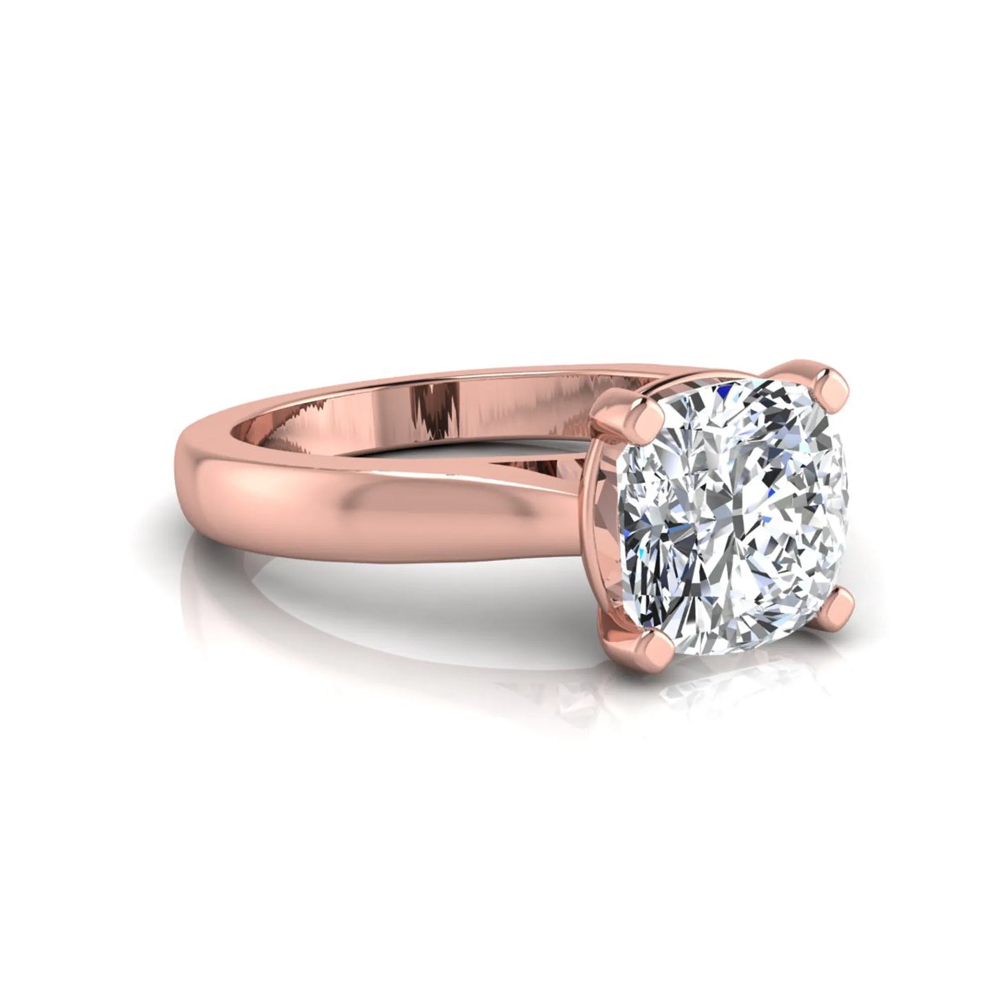 IGI certified 2.04 carat cushion cut lab grown diamond solitaire engagement ring in a classic four-prong rose gold setting.