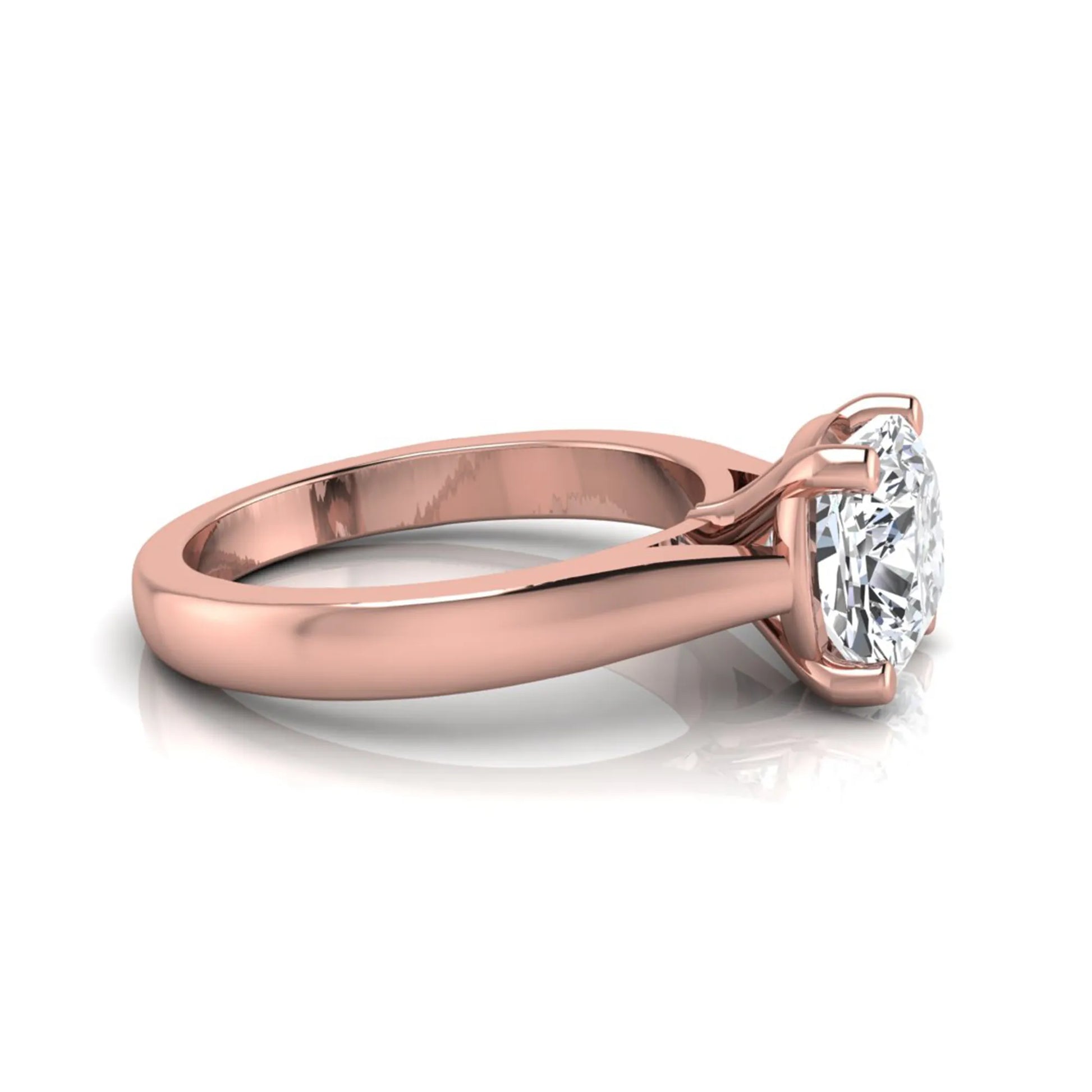 IGI certified 2.04 carat cushion cut lab grown diamond solitaire engagement ring in a classic four-prong rose gold setting.