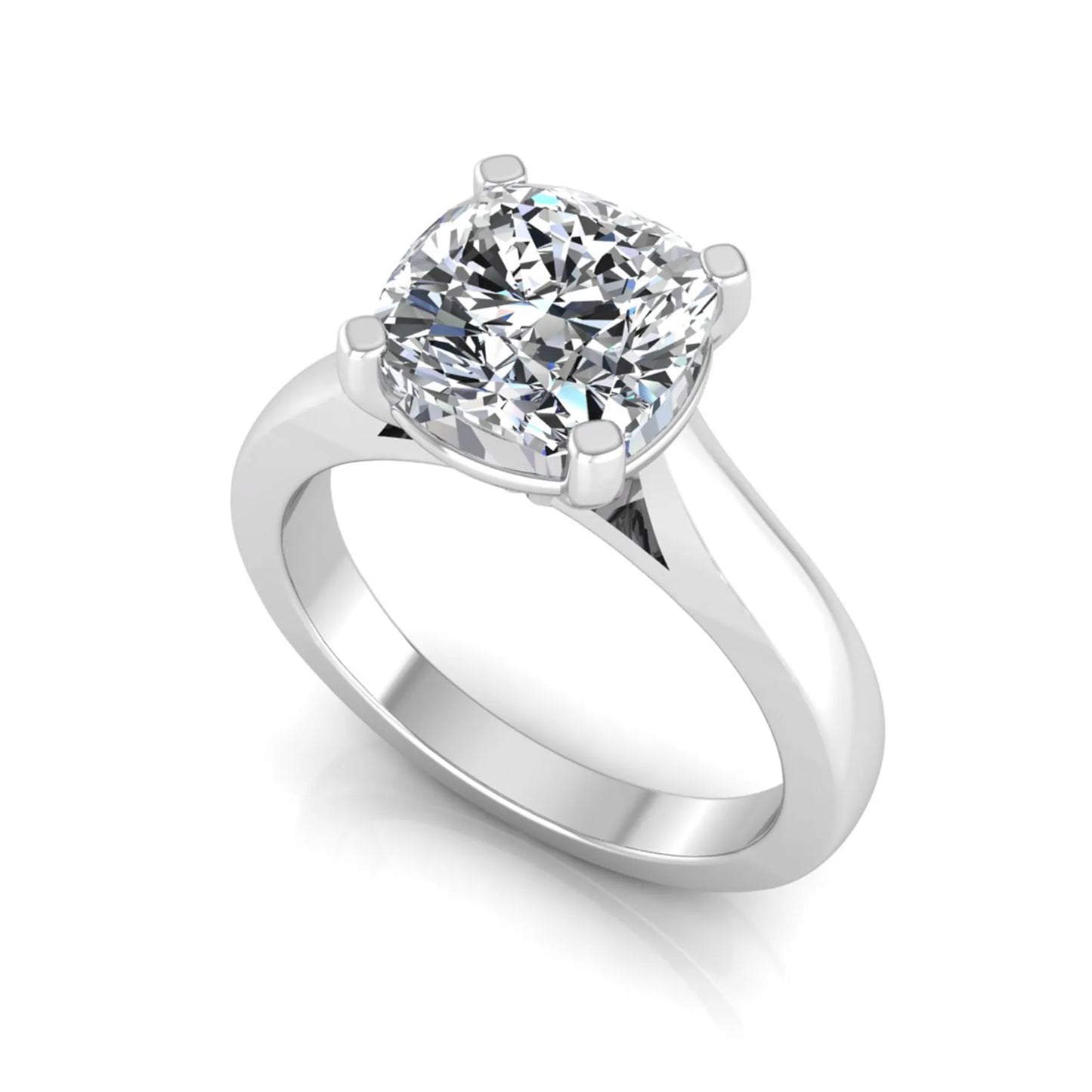 IGI certified 2.04 carat cushion cut lab grown diamond solitaire engagement ring in a classic four-prong white gold setting.