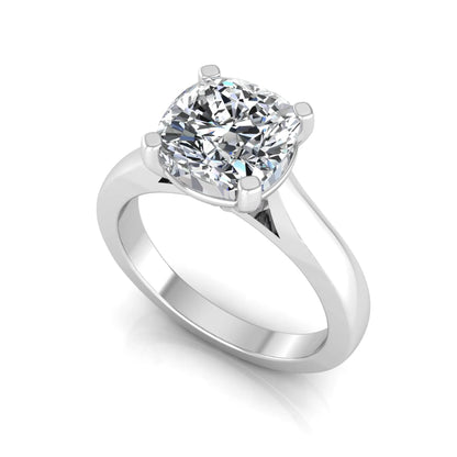 IGI certified 2.04 carat cushion cut lab grown diamond solitaire engagement ring in a classic four-prong white gold setting.