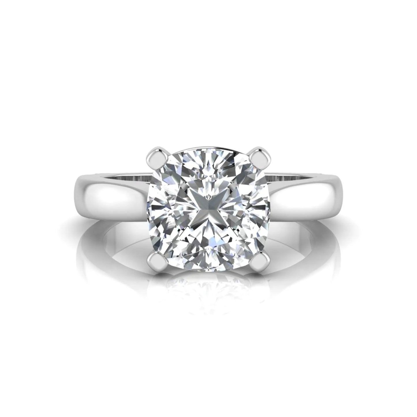 IGI certified 2.04 carat cushion cut lab grown diamond solitaire engagement ring in a classic four-prong white gold setting.