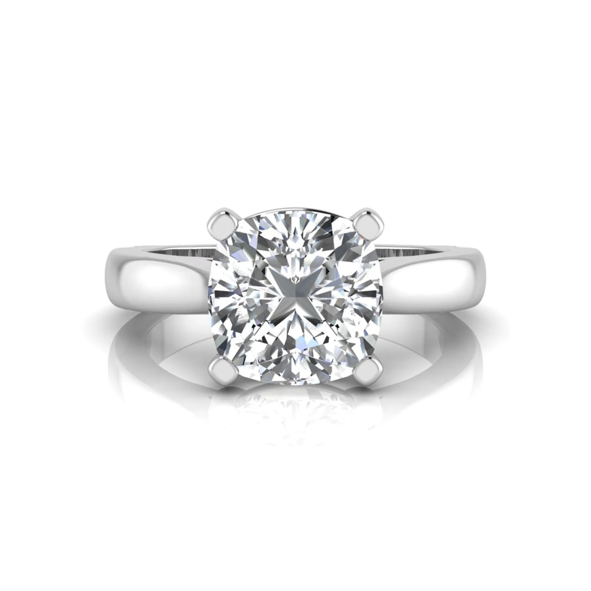 IGI certified 2.04 carat cushion cut lab grown diamond solitaire engagement ring in a classic four-prong white gold setting.