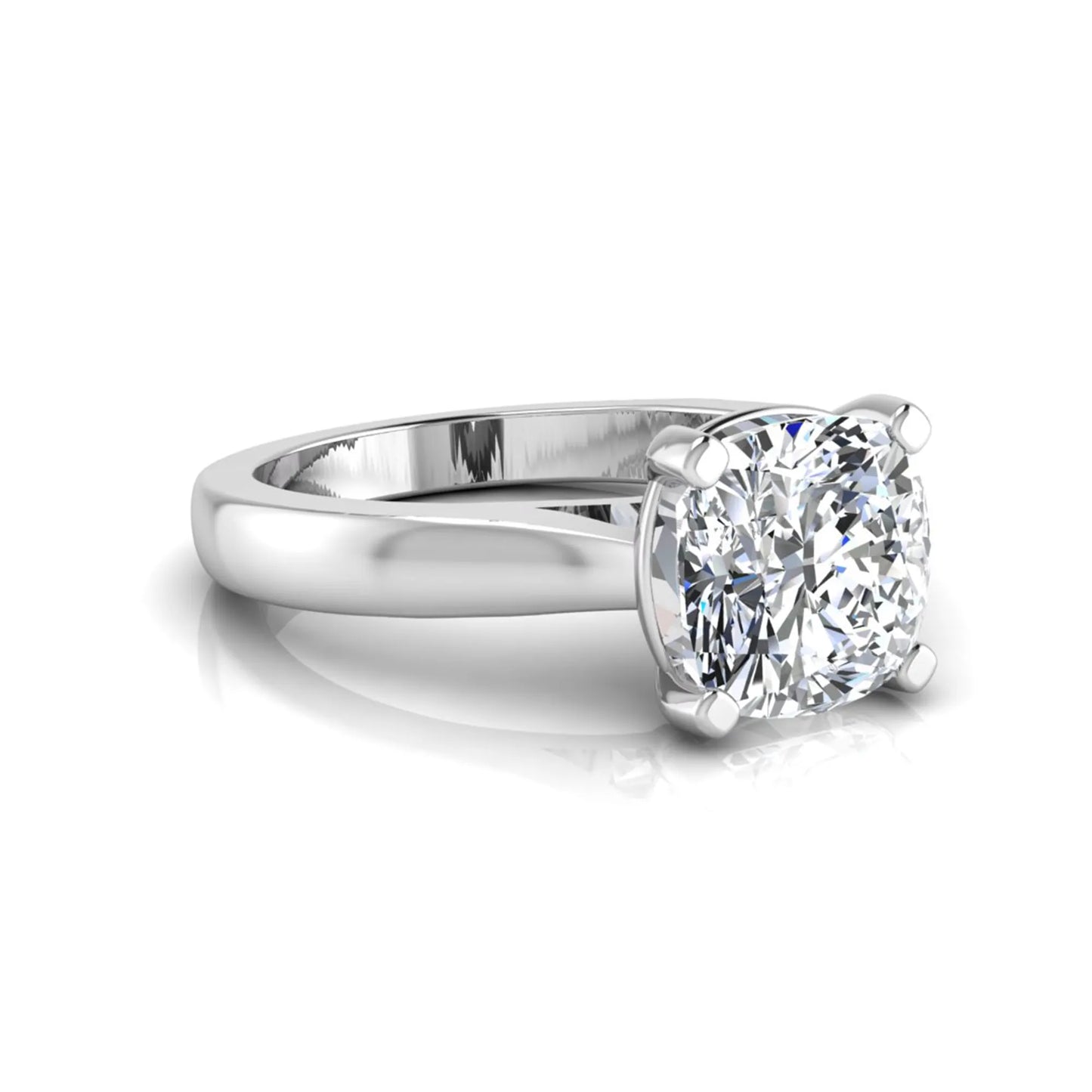 IGI certified 2.04 carat cushion cut lab grown diamond solitaire engagement ring in a classic four-prong white gold setting.