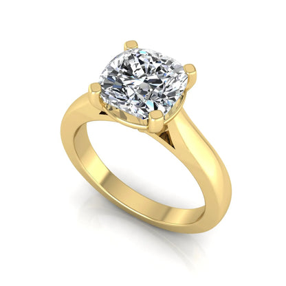 IGI certified 2.04 carat cushion cut lab grown diamond solitaire engagement ring in a classic four-prong yellow gold setting.