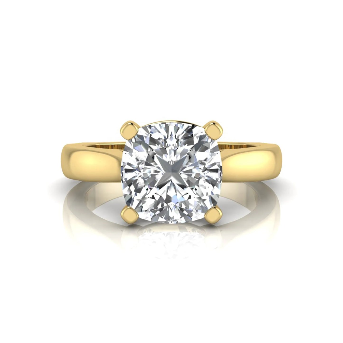 IGI certified 2.04 carat cushion cut lab grown diamond solitaire engagement ring in a classic four-prong yellow gold setting.