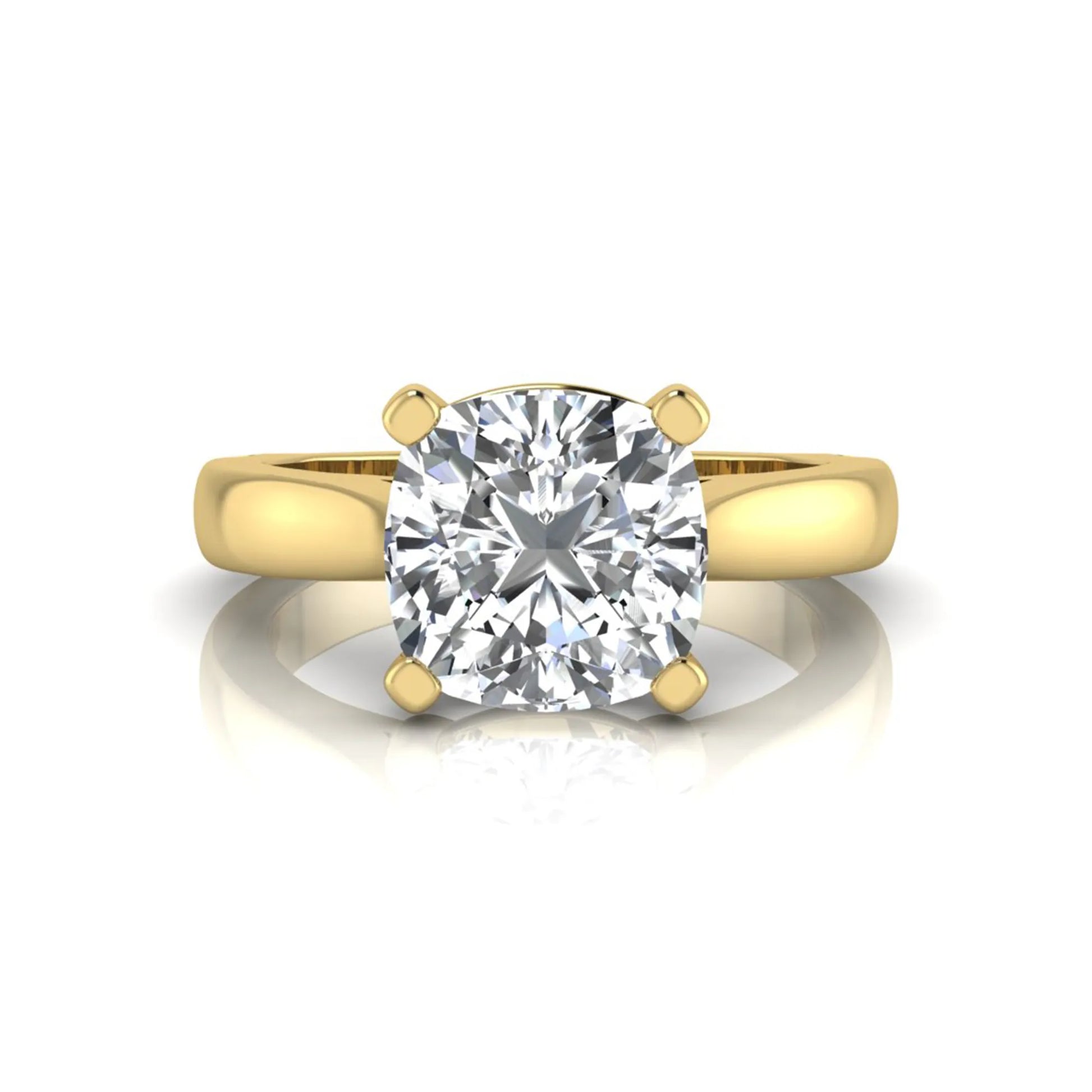 IGI certified 2.04 carat cushion cut lab grown diamond solitaire engagement ring in a classic four-prong yellow gold setting.