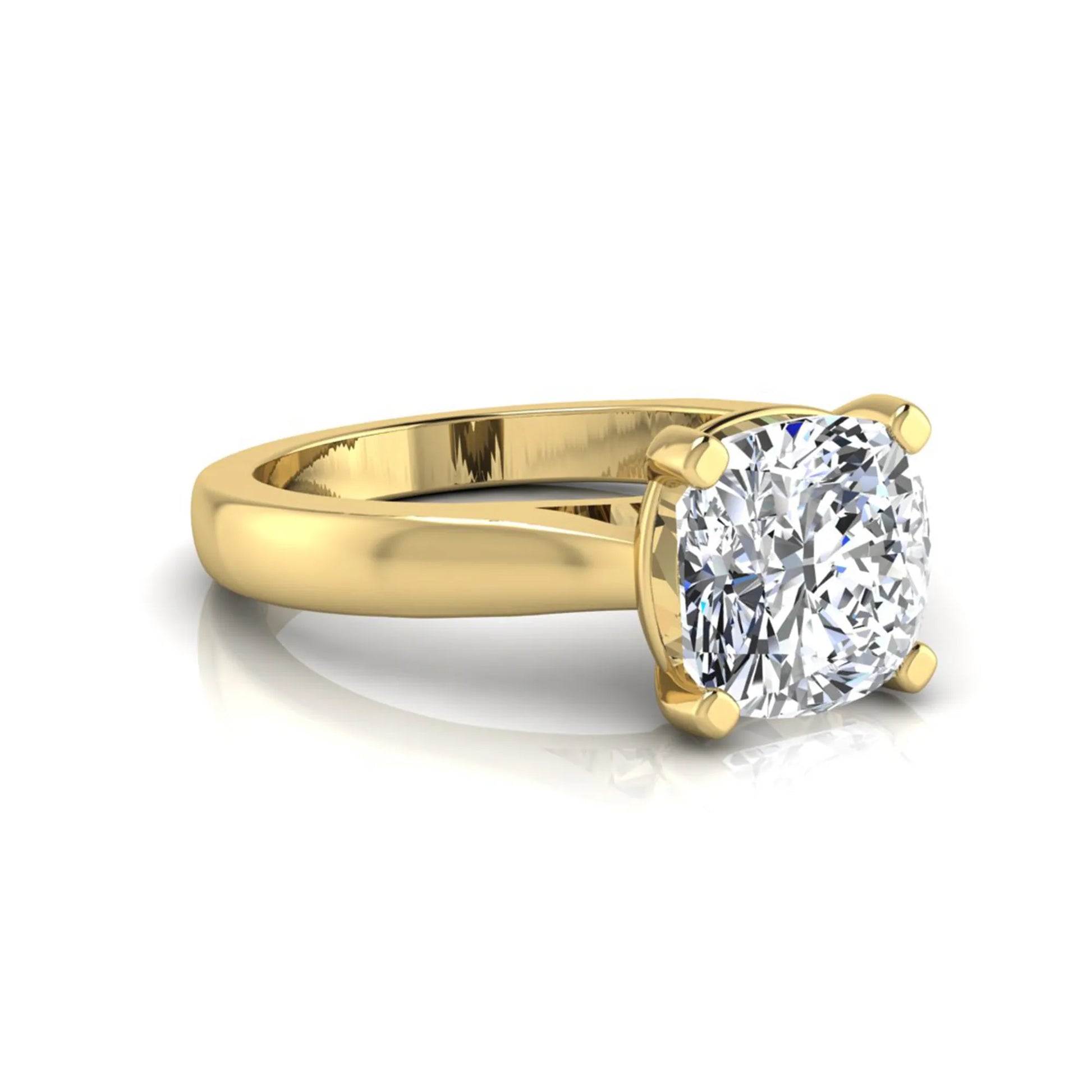 IGI certified 2.04 carat cushion cut lab grown diamond solitaire engagement ring in a classic four-prong yellow gold setting.