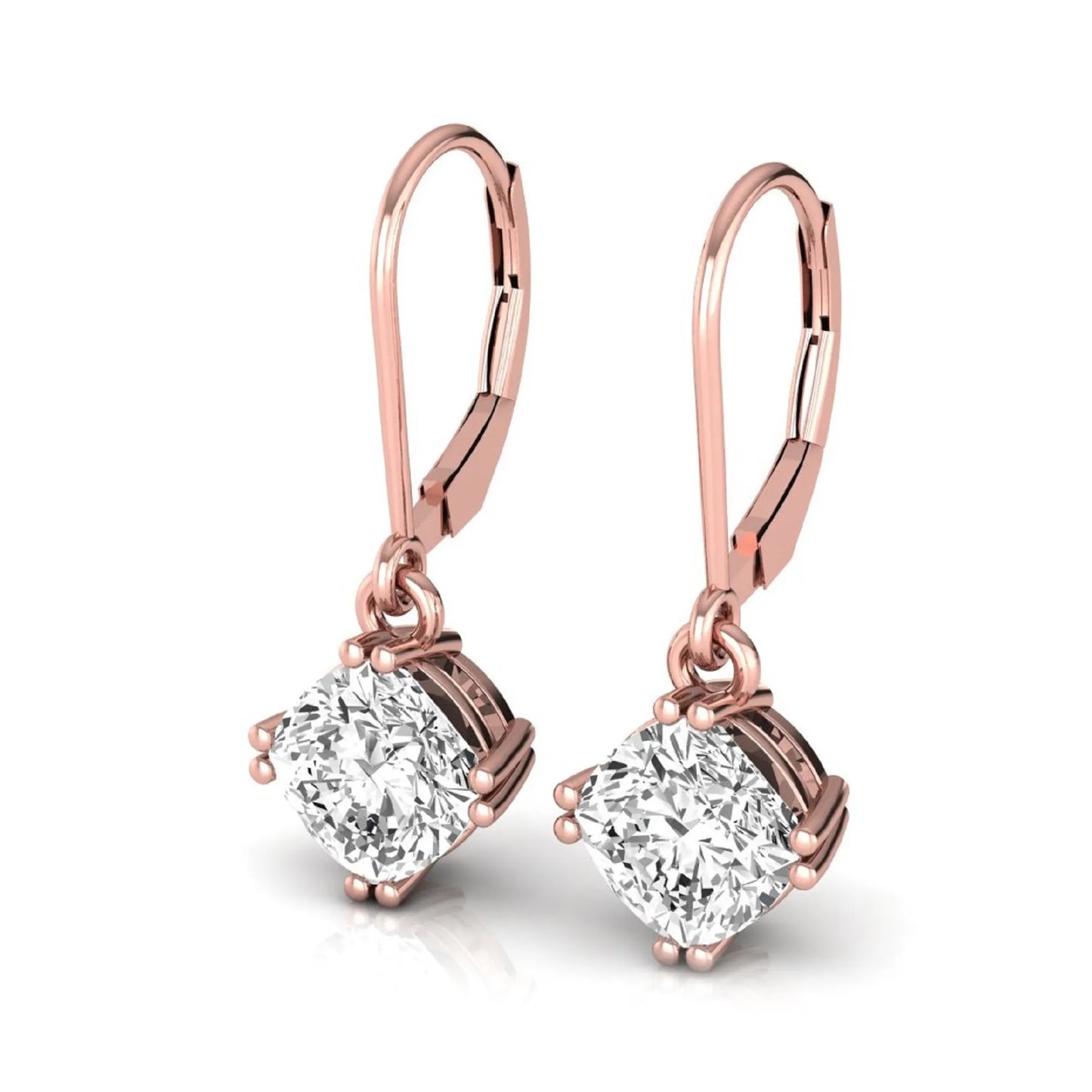 Cushion cut lab grown diamond drop earrings with four prong setting and lever back closure in rose gold tone design