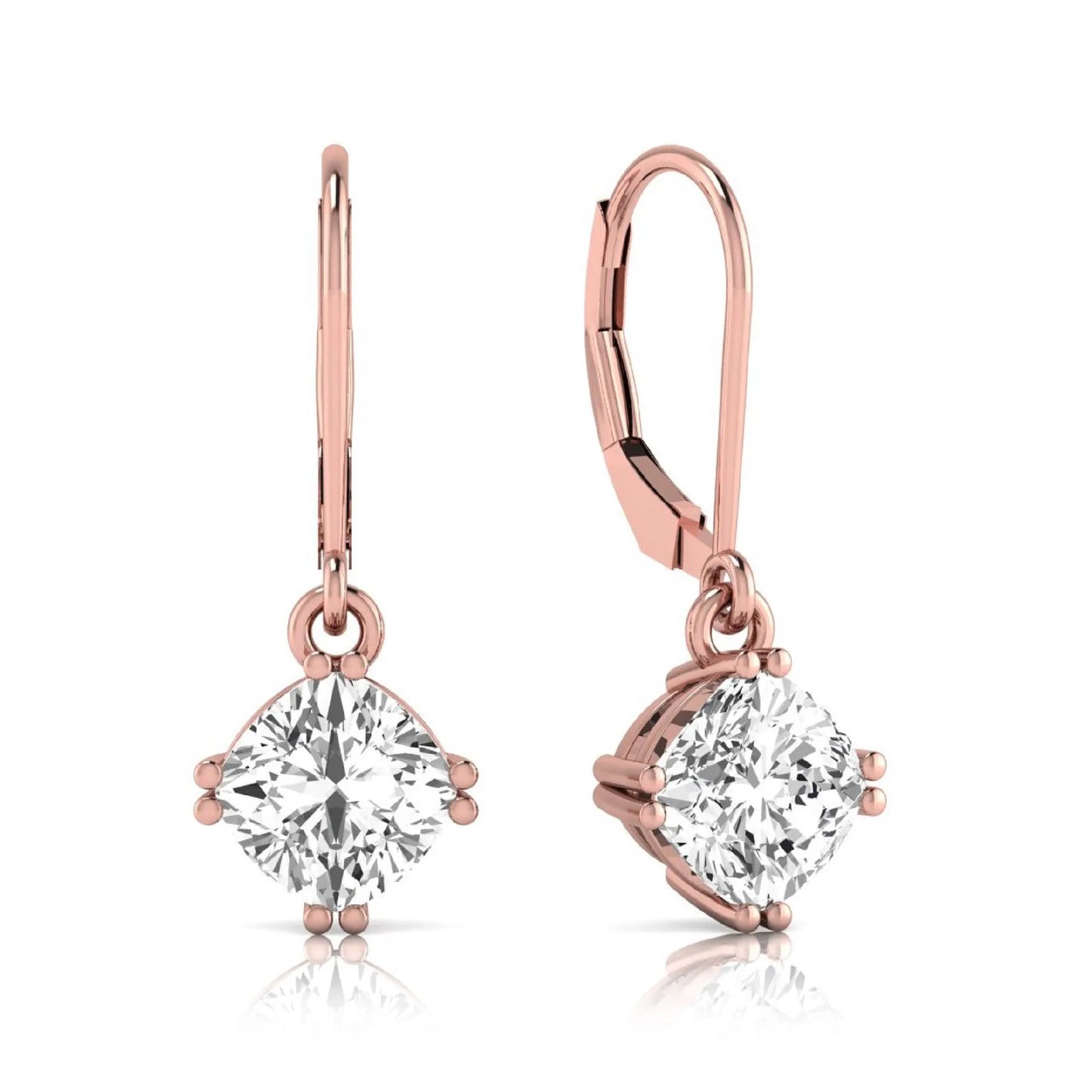 Cushion cut lab grown diamond drop earrings with four prong setting and lever back closure in rose gold tone design