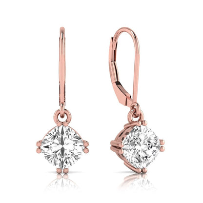 Cushion cut lab grown diamond drop earrings with four prong setting and lever back closure in rose gold tone design