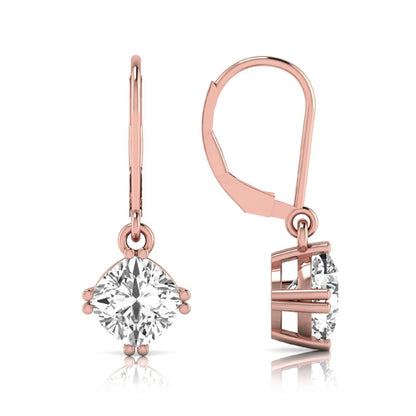Cushion cut lab grown diamond drop earrings with four prong setting and lever back closure in rose gold tone design