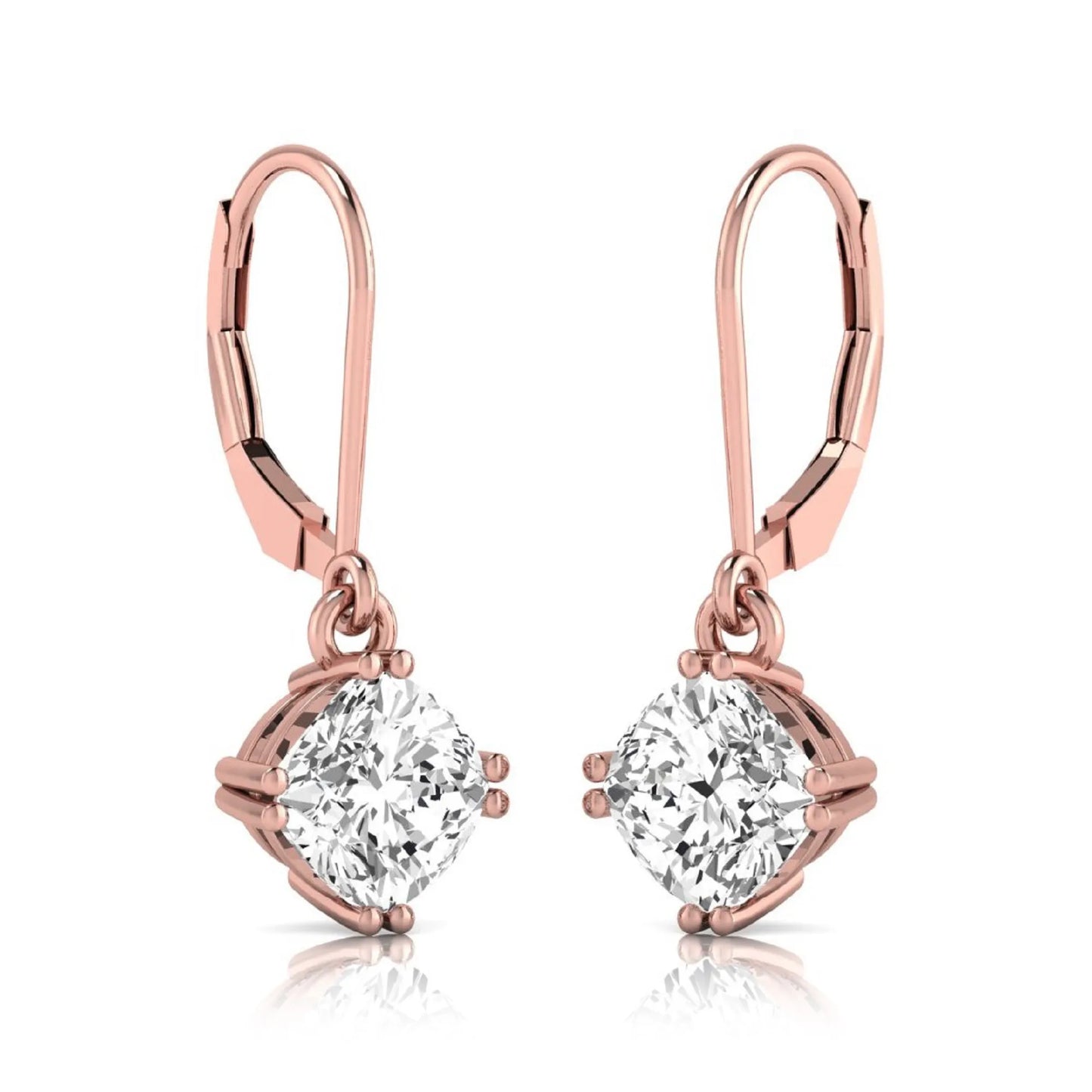 Cushion cut lab grown diamond drop earrings with four prong setting and lever back closure in rose gold tone design