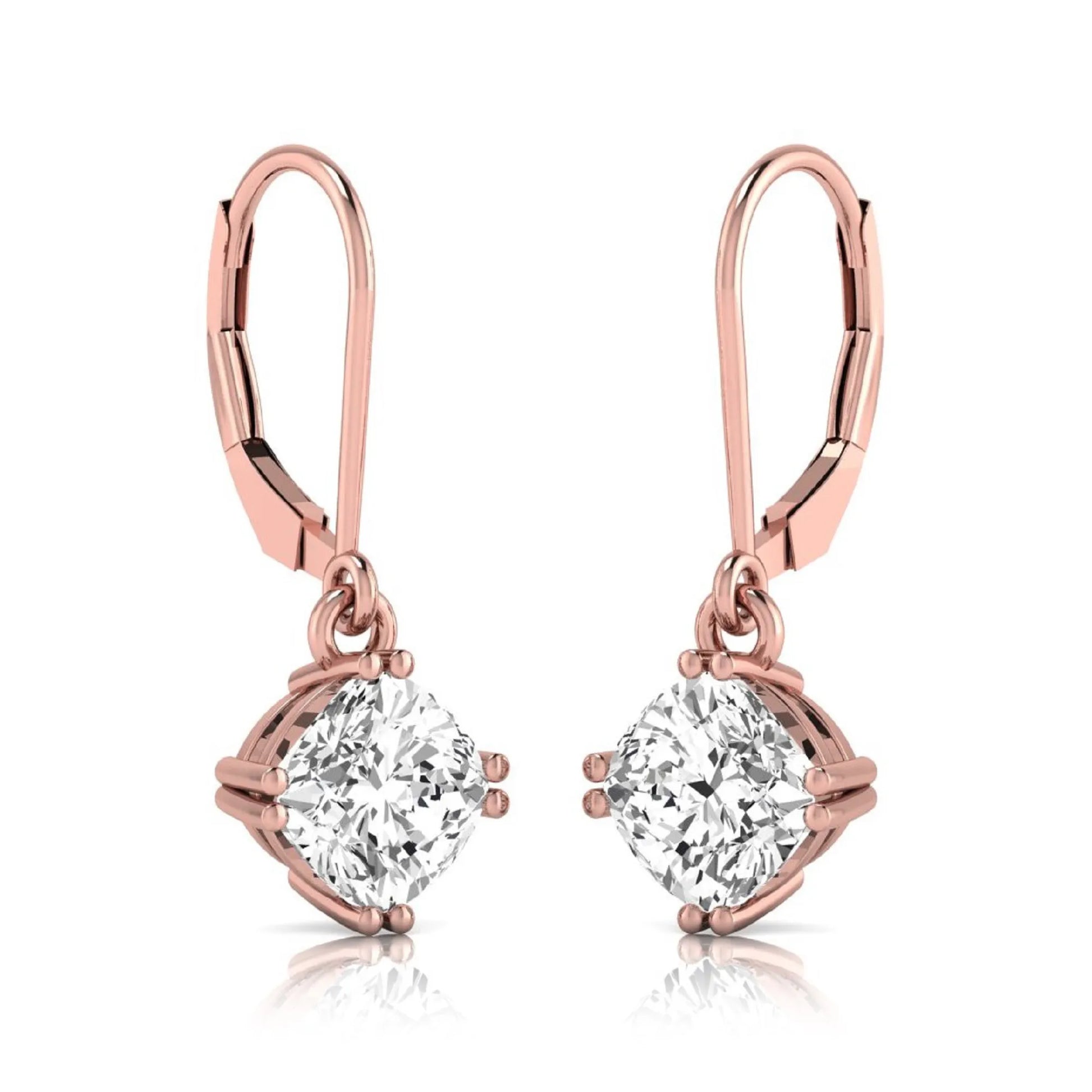 Cushion cut lab grown diamond drop earrings with four prong setting and lever back closure in rose gold tone design