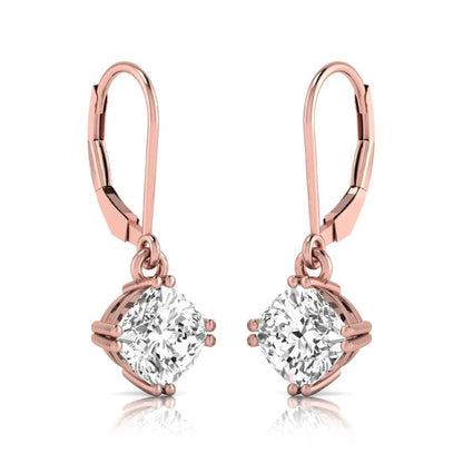 Cushion cut lab grown diamond drop earrings with four prong setting and lever back closure in rose gold tone design