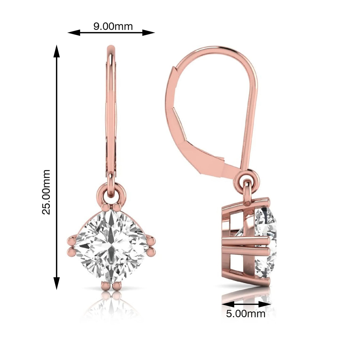 Cushion cut lab grown diamond drop earrings with four prong setting and lever back closure in rose gold tone design