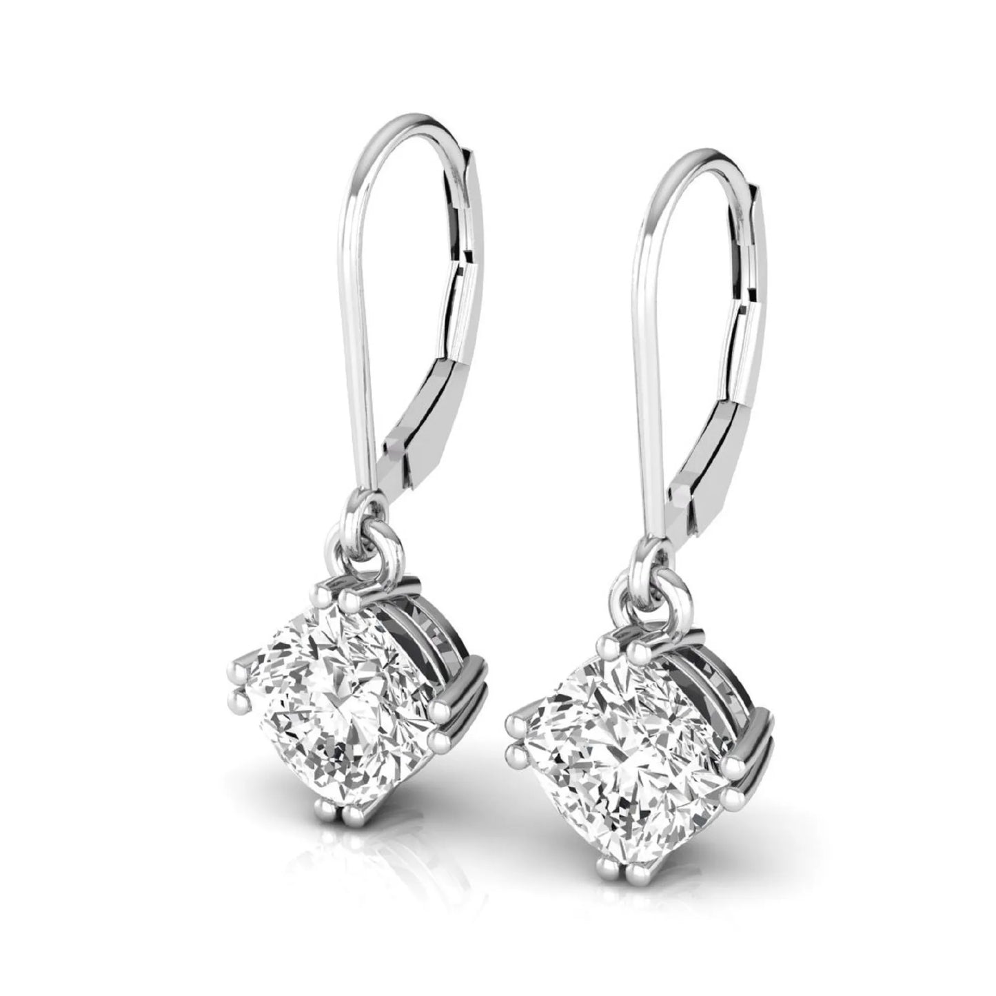 Cushion cut lab grown diamond drop earrings with four prong setting and lever back closure in silver gold tone design