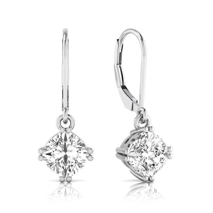 Cushion cut lab grown diamond drop earrings with four prong setting and lever back closure in silver gold tone design